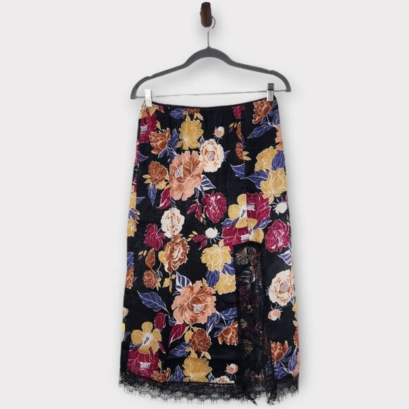 Band of the Free Black Floral Boho Midi Slip Skirt Size XS NWT Black Boho Skirt - Picture 1 of 10